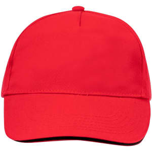 A red cap with a structured design, featuring a curved brim and a logo on the front.