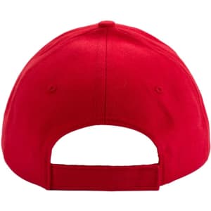 A red cap with a curved visor and an adjustable strap at the back. Features a logo on the side.