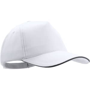 A white cap with a curved peak and an adjustable strap at the back, featuring a logo.