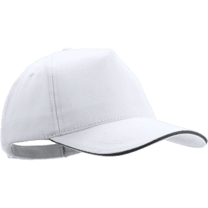 A white cap with a curved brim and an adjustable strap at the back, featuring a logo.