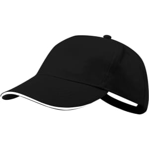 A black cap with a subtle white trim and an adjustable strap at the back. It features a logo on the front.