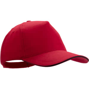 A red cap with a curved brim and an adjustable strap, featuring a logo on the front.