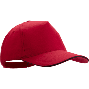 A red cap featuring a curved brim and an adjustable strap at the back, complete with a logo.