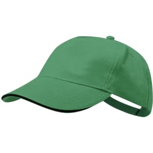 A green cap with a curved brim and an adjustable strap at the back, featuring a logo on the front.