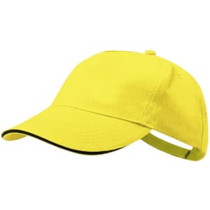 A bright yellow cap with a black trim and an adjustable strap at the back. It features a logo on the front.