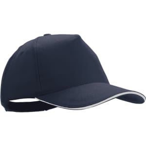 A navy cap featuring a rounded crown and contrasting white trim along the visor. It has an adjustable strap at the back.
