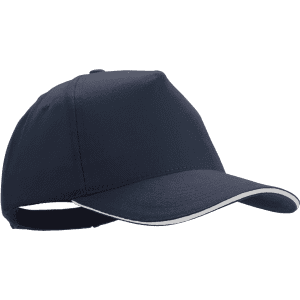 A navy cap with a curved brim and contrasting white trim, featuring a logo on the side.