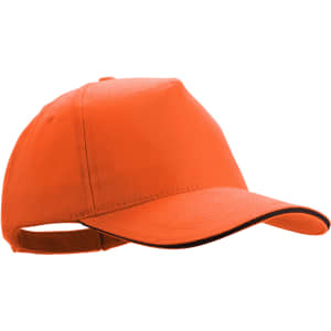 An orange cap featuring a curved visor and an adjustable strap at the back, with a logo on the front.