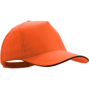 An orange cap with a curved visor and an adjustable strap, featuring a logo on the side.