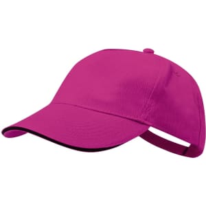 A pink baseball cap with a black underbrim and an adjustable strap at the back. It has a logo on the front.