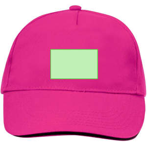 A pink cap featuring a rectangular patch area in a light green colour. The cap has a logo on it.