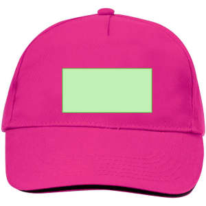 A bright pink cap featuring a blank rectangular area for customization. It has a logo on the side.