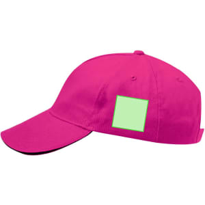 A vibrant pink cap featuring a square area for custom designs. The cap has a curved brim and a rear adjustment strap.