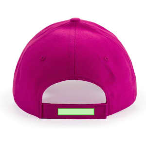 A vibrant magenta cap featuring an adjustable strap at the back and a blank area for potential branding.