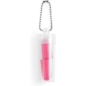 A transparent case containing pink earplugs on a silver chain. The case has a secure closure.