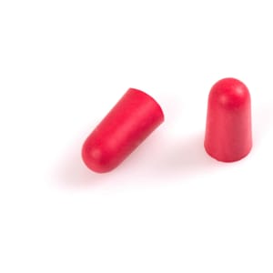 Red earplugs are displayed, featuring a smooth, contoured design, suitable for personal use.