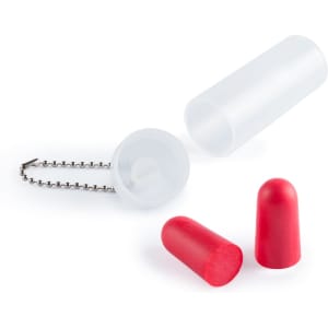 A pair of red earplugs and a transparent case with a chain. The earplugs are smooth and conical in shape.