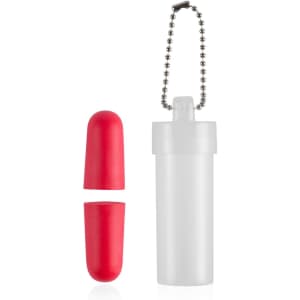 Earplugs in red with a clear case, featuring a chain for attachment.