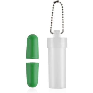 A white cylindrical case with a green cap, containing two green earplugs. The case has a chain attached.