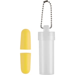 A white cylindrical container with a yellow pair of earplugs beside it, attached by a chain.