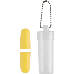 A pair of yellow earplugs beside a transparent storage case with a chain.