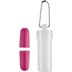 A pink earplug set with a transparent storage case and a connecting chain.