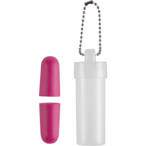 A white case with a chain and two pink earplugs beside it. The product is compact and portable.