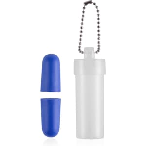 A white container with a blue lid, holding two blue earplugs. It features a chain for easy attachment.