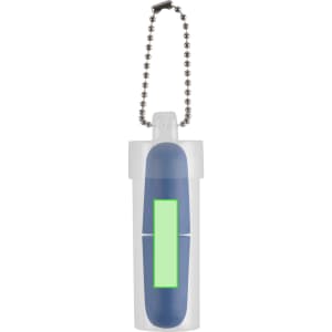 Panoss Earplugs in a protective case featuring blue and clear colours, attached to a chain.