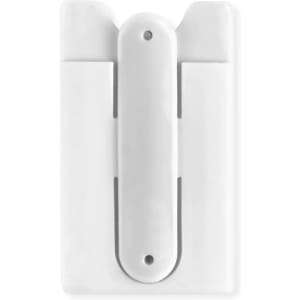 A white multipurpose pouch with a central clip and two side slots, featuring a logo.