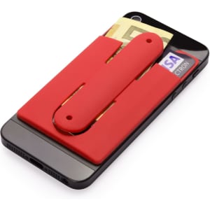 A red multipurpose pouch attached to a phone, holding cash and cards, with a logo present.