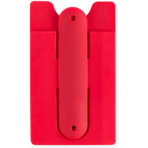A red multipurpose pouch with a central grip and slots for cards. It features a logo on the surface.