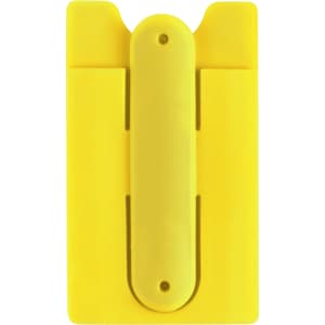 A yellow multipurpose pouch with a central clip and slots for cards or small items. It features a logo.