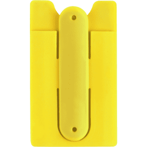 A yellow multipurpose pouch with a clip, featuring a simple design and a logo on one side.