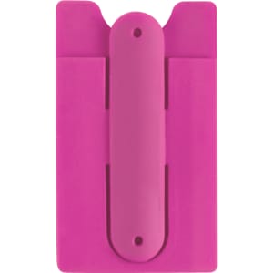 A pink multipurpose pouch with a central grip and two card slots, featuring a logo.