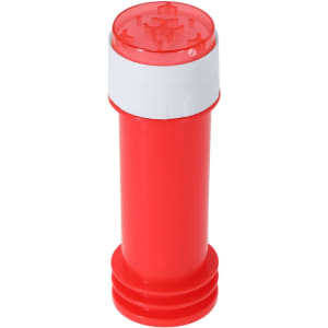 A red drink bottle with a white cap, featuring a logo and a simple design for novelty use.