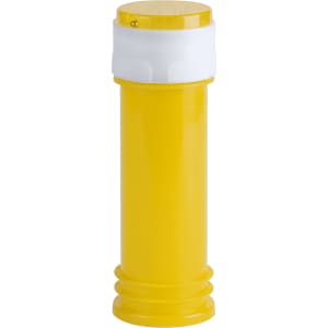 A yellow drink bottle with a white cap and textured grip near the bottom. It features a logo.