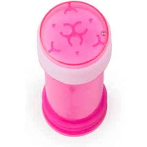 A pink novelty item with a circular lid featuring decorative shapes and a ball inside, designed for fun and games.