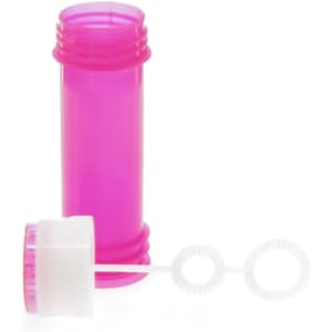 A pink bubble container with a white wand featuring two circular bubble wands attached.