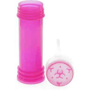 A drink bottle in vibrant pink with a white and pink lid. The bottle has a sleek, cylindrical design and a logo.