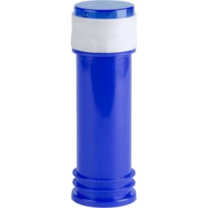 A blue drink bottle with a white cap, featuring a decorative design at the base and a logo.