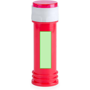 A bright red novelty drink bottle with a white top and a blank green label area. Features a round shape.