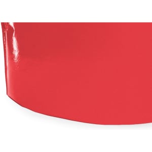 A bright red cooler bag with a glossy finish, featuring a branded logo.