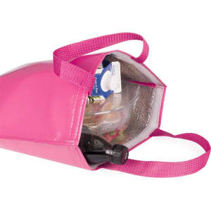 A pink cooler bag with a drink bottle and container inside, featuring handles and an insulated lining.