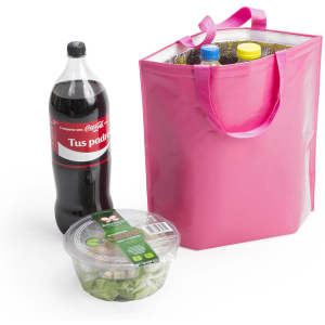 A pink cooler bag with a bottle of soft drink and a container of salad beside it. The bag has an interior lining.