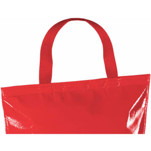 A red cooler bag with sturdy handles, featuring a glossy finish and a simple design. It has a logo on the front.
