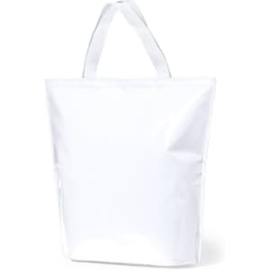 A white cooler bag with sturdy handles and a smooth exterior, featuring a logo.