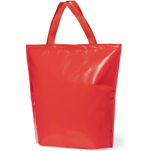 A red cooler bag with two handles, featuring a shiny surface and a simple design, includes a logo on the front.