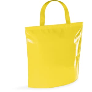 A yellow cooler bag with a glossy finish and two handle straps. It features a simple, unadorned design.