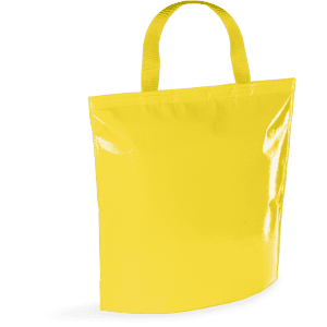A bright yellow cooler bag with a glossy finish and two sturdy handles. It features a logo.